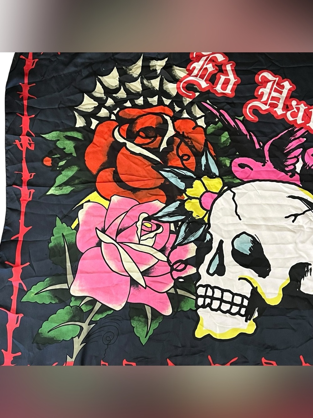 Ed Hardy Y2K Tattoo Graphic Skull and Roses Tattoo Print Scarf - Picture 3 of 7